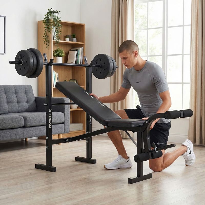 Тренировъчна пейка XTREXO BenchFit Lite със стойка и щанга черна 5